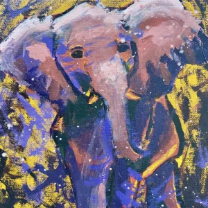 A vibrant acrylic painting of an elephant using bold purple, pink, yellow, and blue brushstrokes