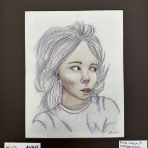 Coloured pencil and graphite portrait of a girl looking to the side, drawn with soft CMYK tones.